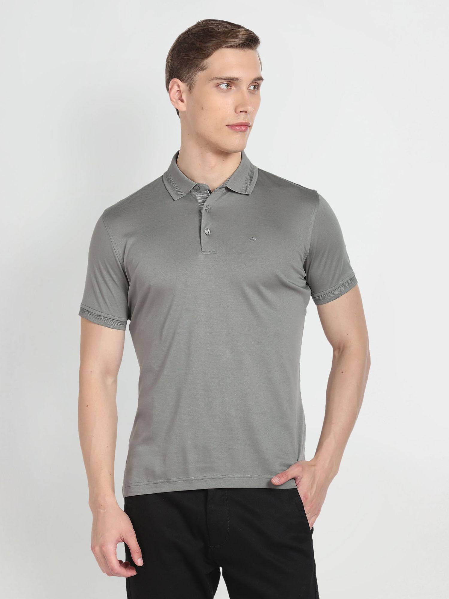grey mercerised cotton solid polo t-shirt
