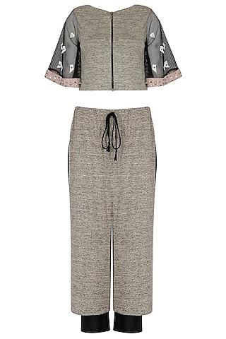 grey mesh sleeves crop top with culottes