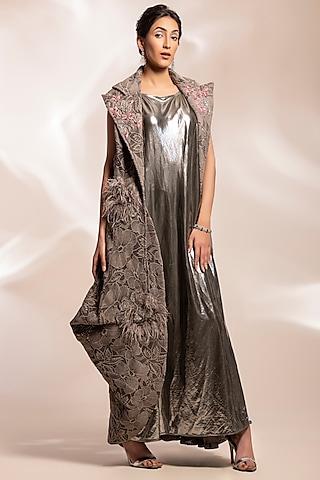 grey metallic shimmer textured lurex draped jacket dress