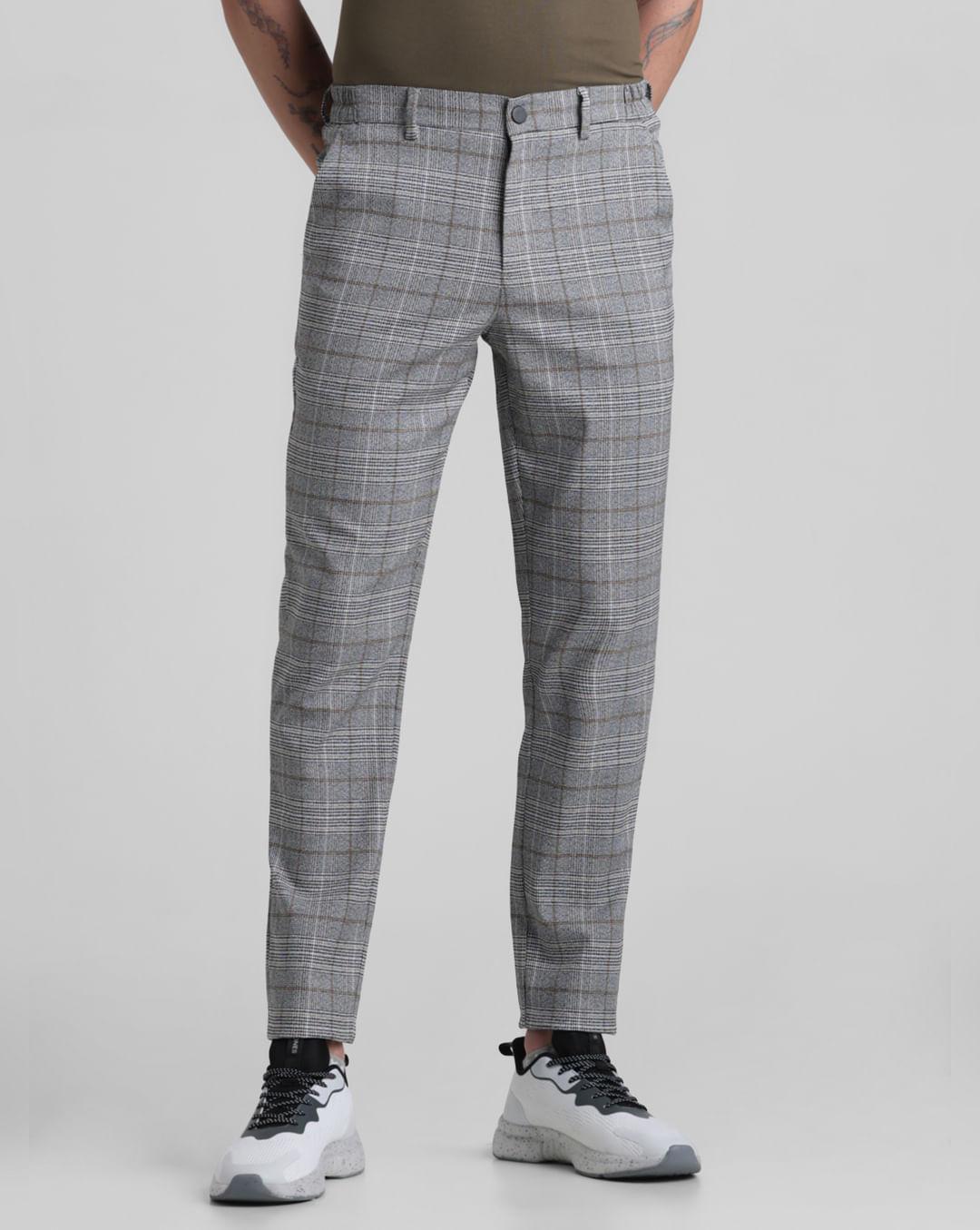 grey mid rise check trousers