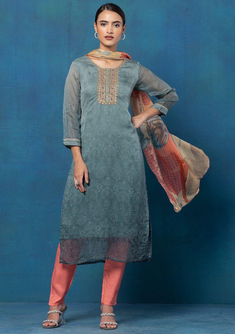 grey mirror hand embellished kurta set with contrast pants and dupatta