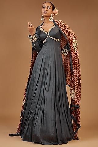 grey modal silk embroidered anarkali set