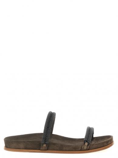 grey monile suede sandals