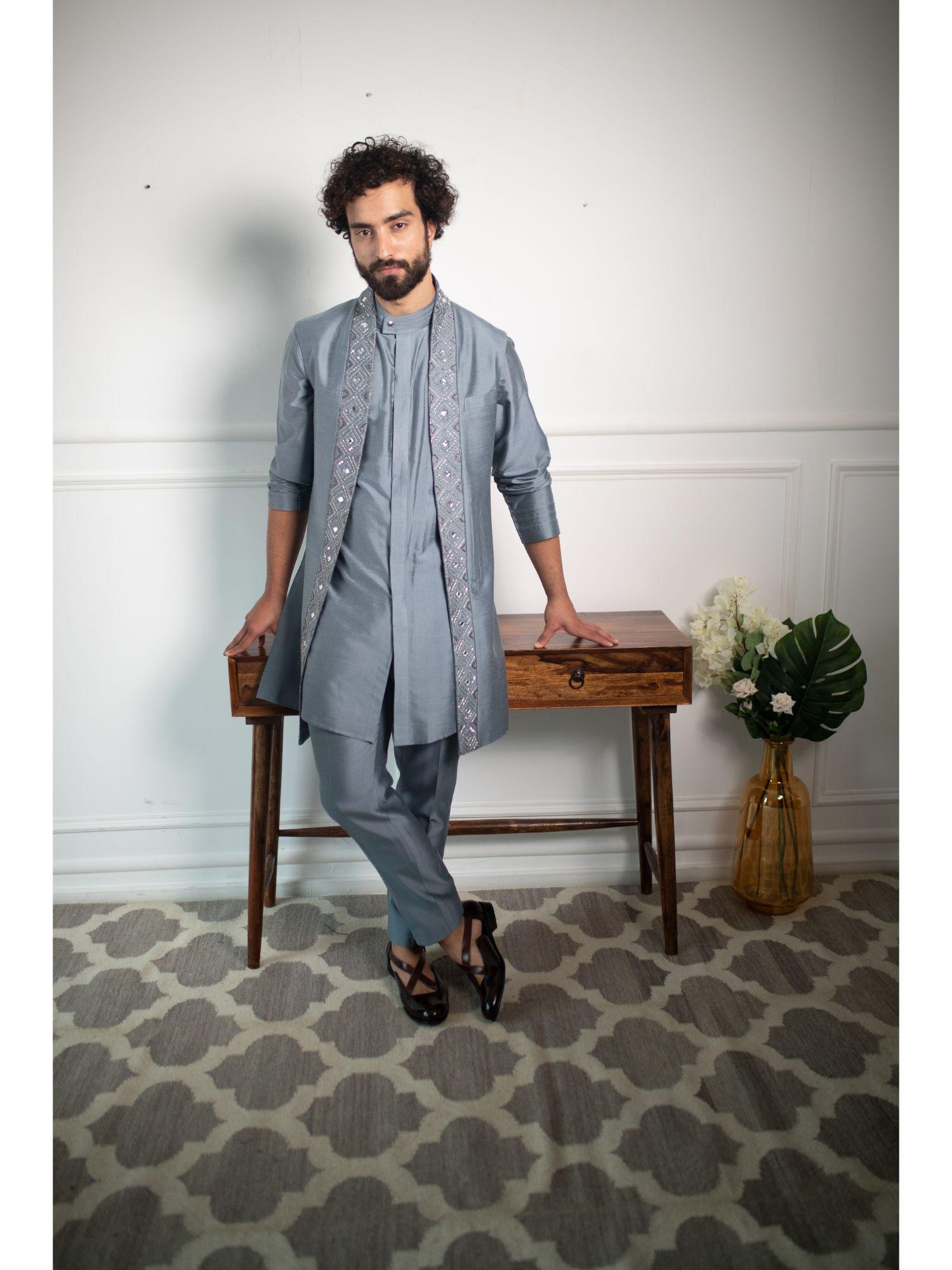grey moonless light embroidered shrug with kurta & pant (set of 3)