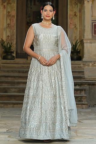 grey moss satin embroidered anarkali set