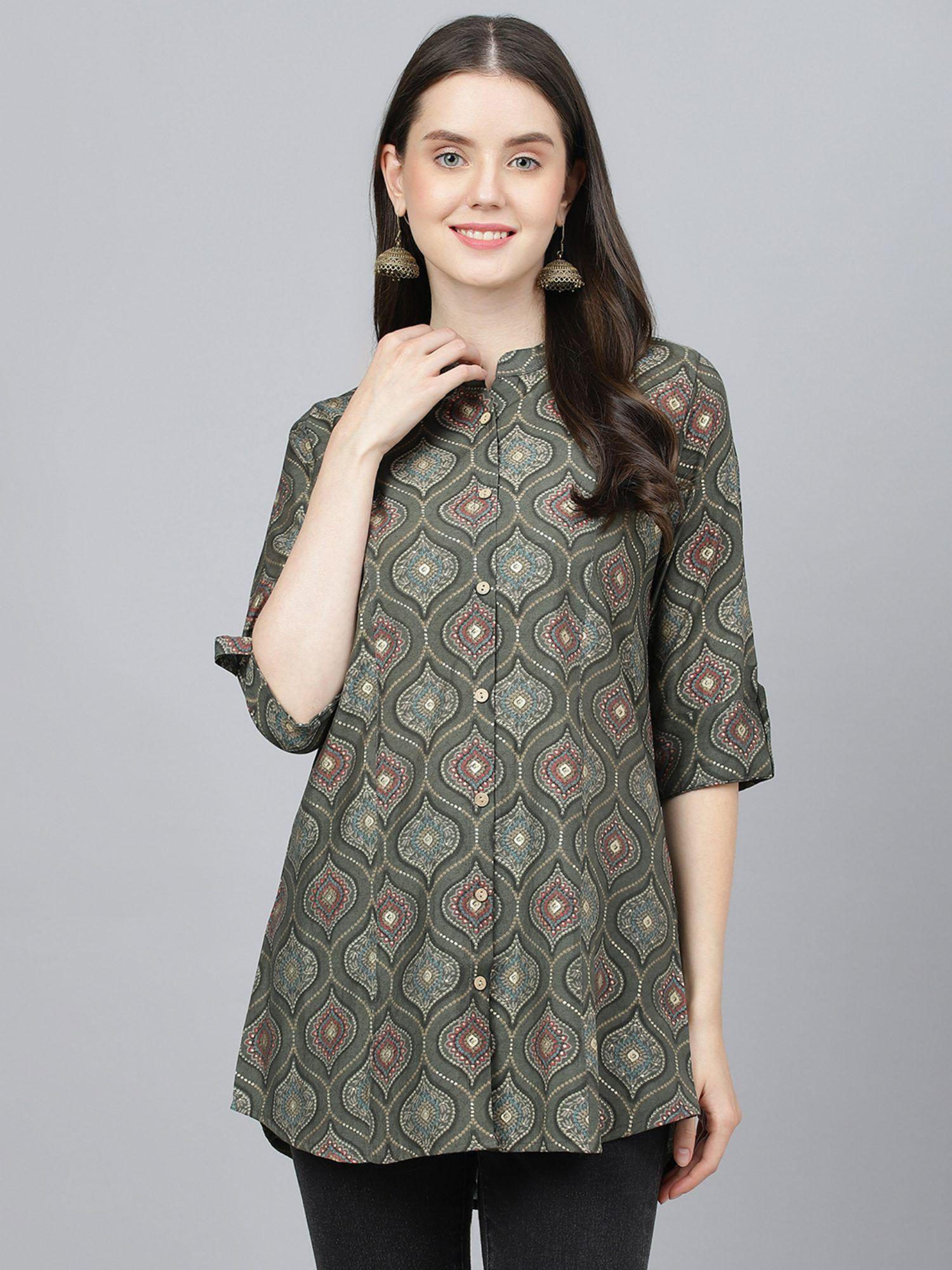 grey motif printed modal a-line shirts style top