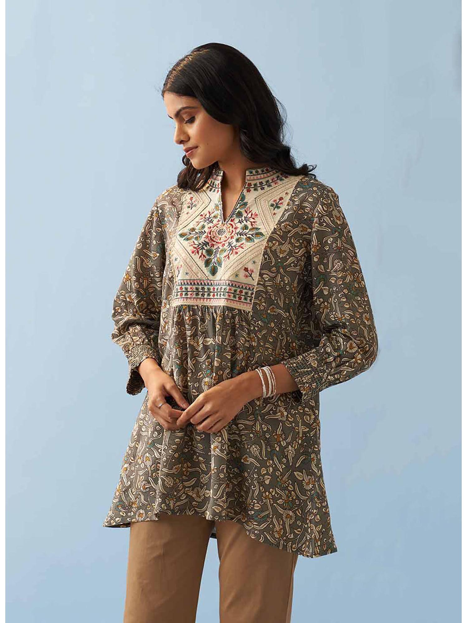 grey multi-color printed short tunic with yoke embroidery