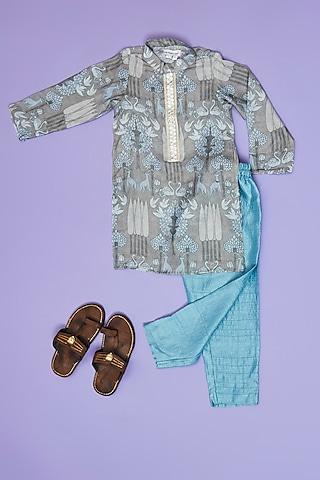 grey muslin floral printed kurta set for boys