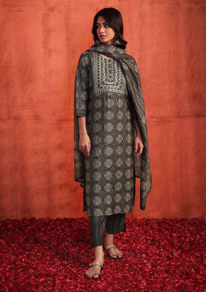 grey muslin kurta with pants and dupatta (set of 3)