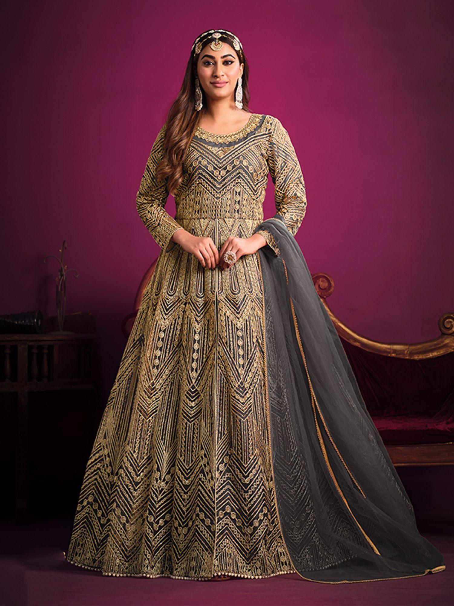 grey net embroidered semi stitched anarkali (set of 3)