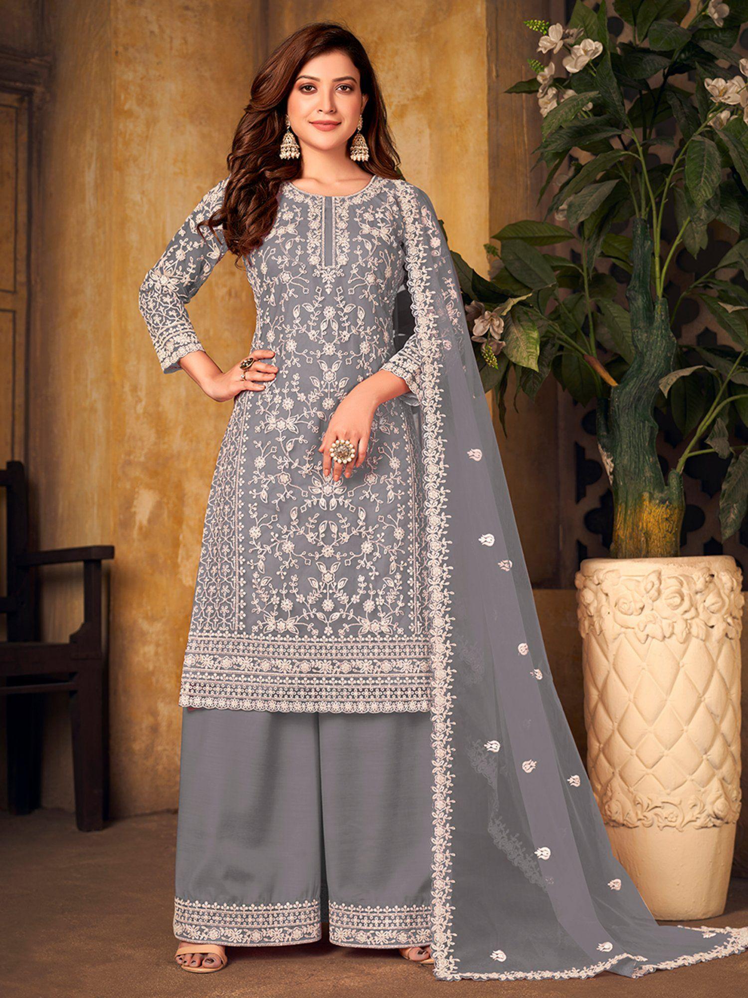 grey net embroidered semi stitched dress material with inner (set of 4)