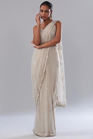 grey net hand embellished pre-pleated saree set