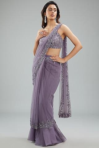 grey net hand embroidered draped skirt saree set