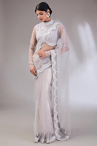 grey net hand embroidered saree set