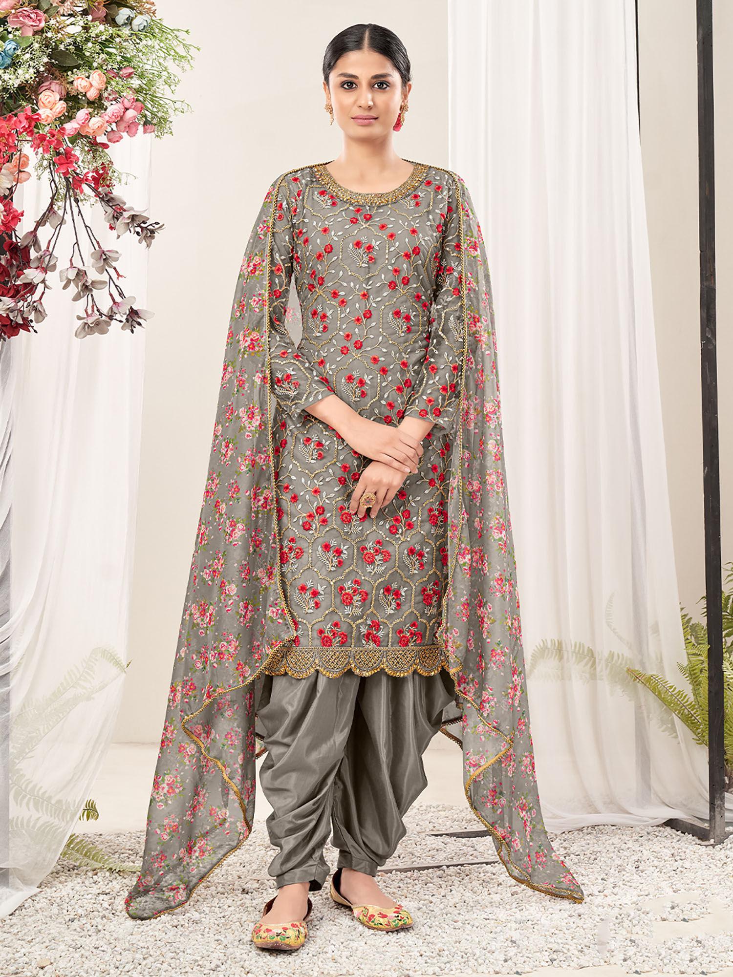 grey net semi stitched kurta (set of 3)