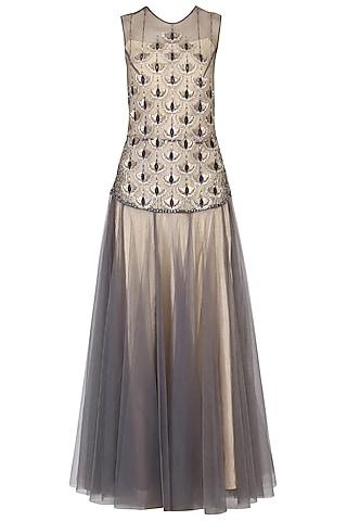 grey net sequin hand embroidered gown for girls