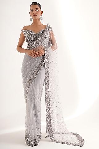 grey net sequins hand embroidered saree set