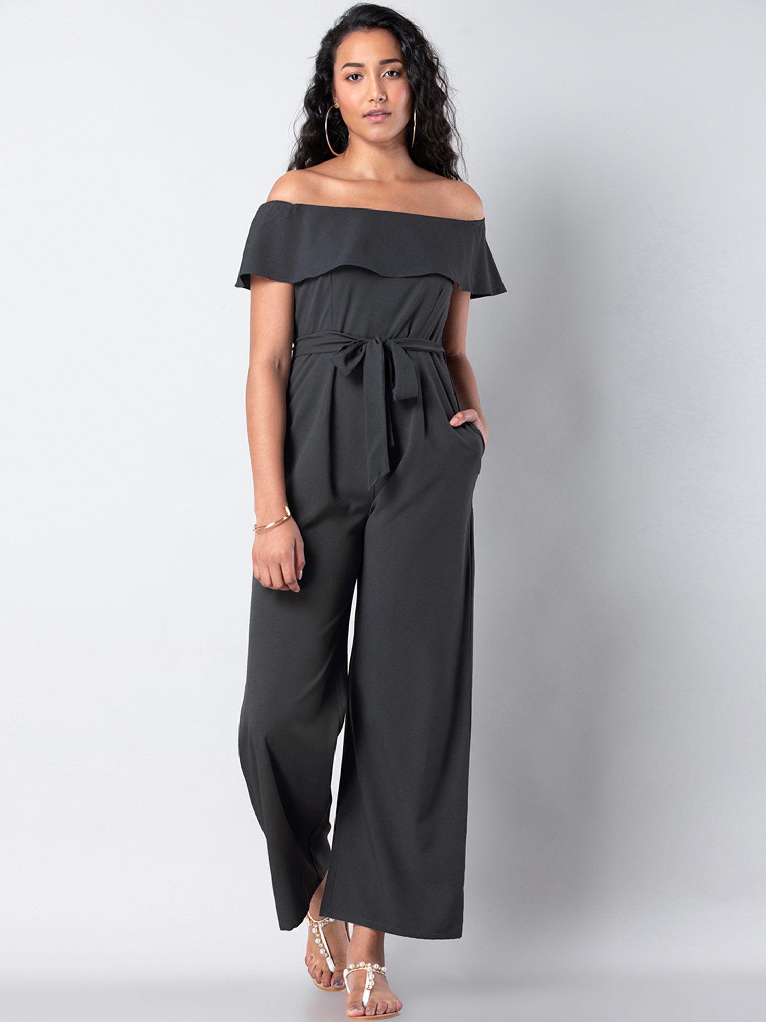 grey off shoulder belted jumpsuit