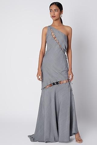 grey one shoulder gown with rivets