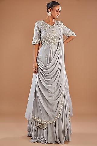 grey organza & chinon georgette sequins embroidered draped gown saree