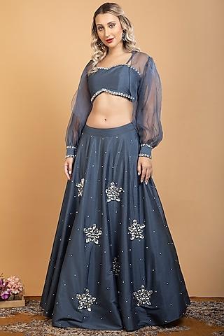 grey organza embellished jacket lehenga set