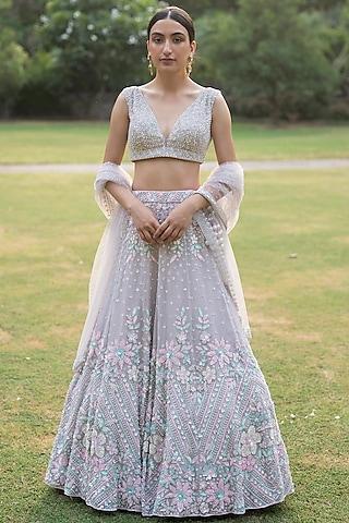 grey organza embellished lehenga set