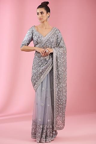 grey organza embroidered saree set