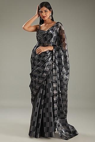 grey organza geometric printed saree set