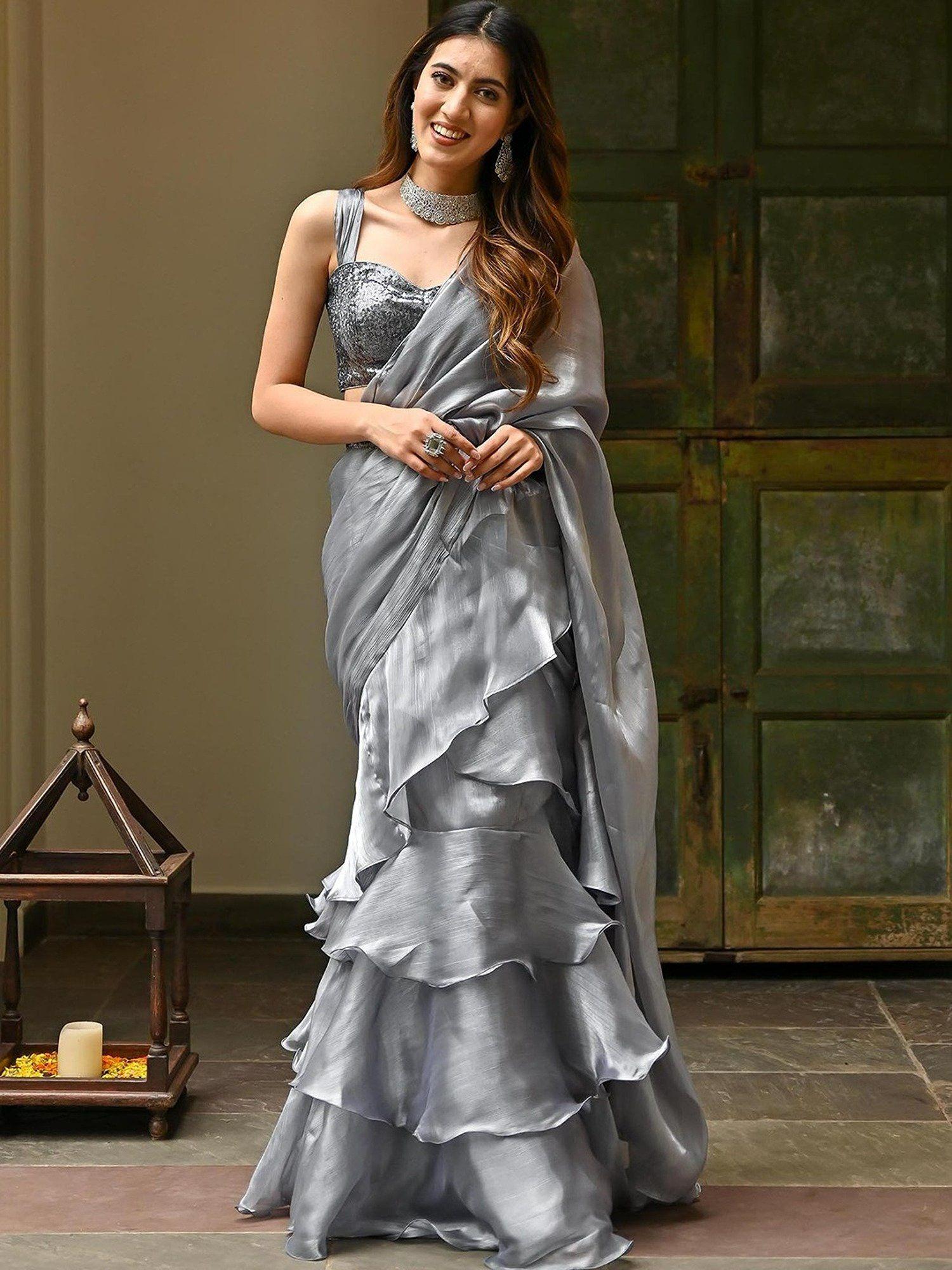 grey organza ruffled saree & belt with stitched blouse (set of 3)