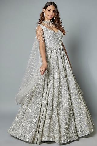 grey organza sequins embroidered gown with draped dupatta