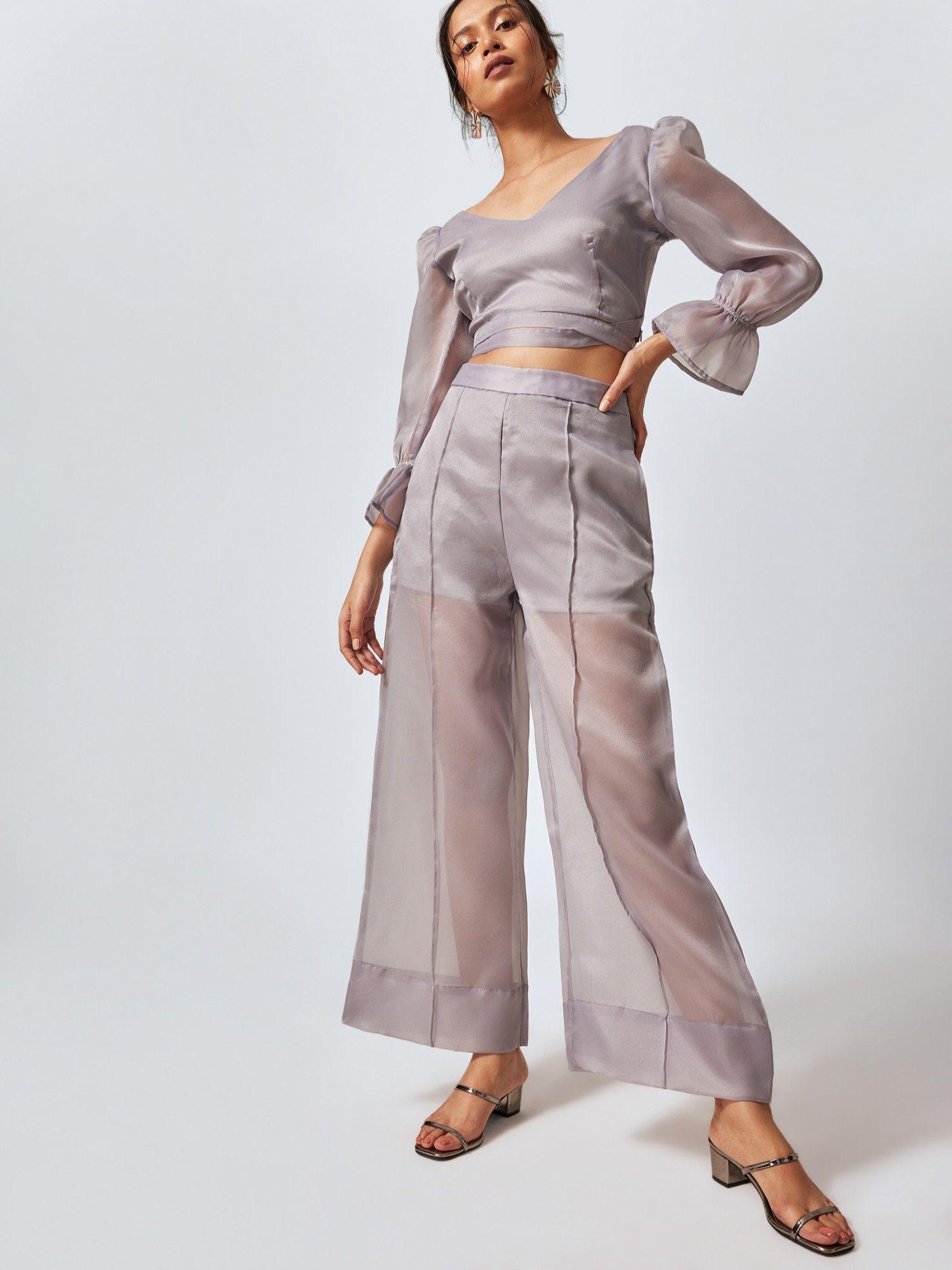 grey organza wide leg pants