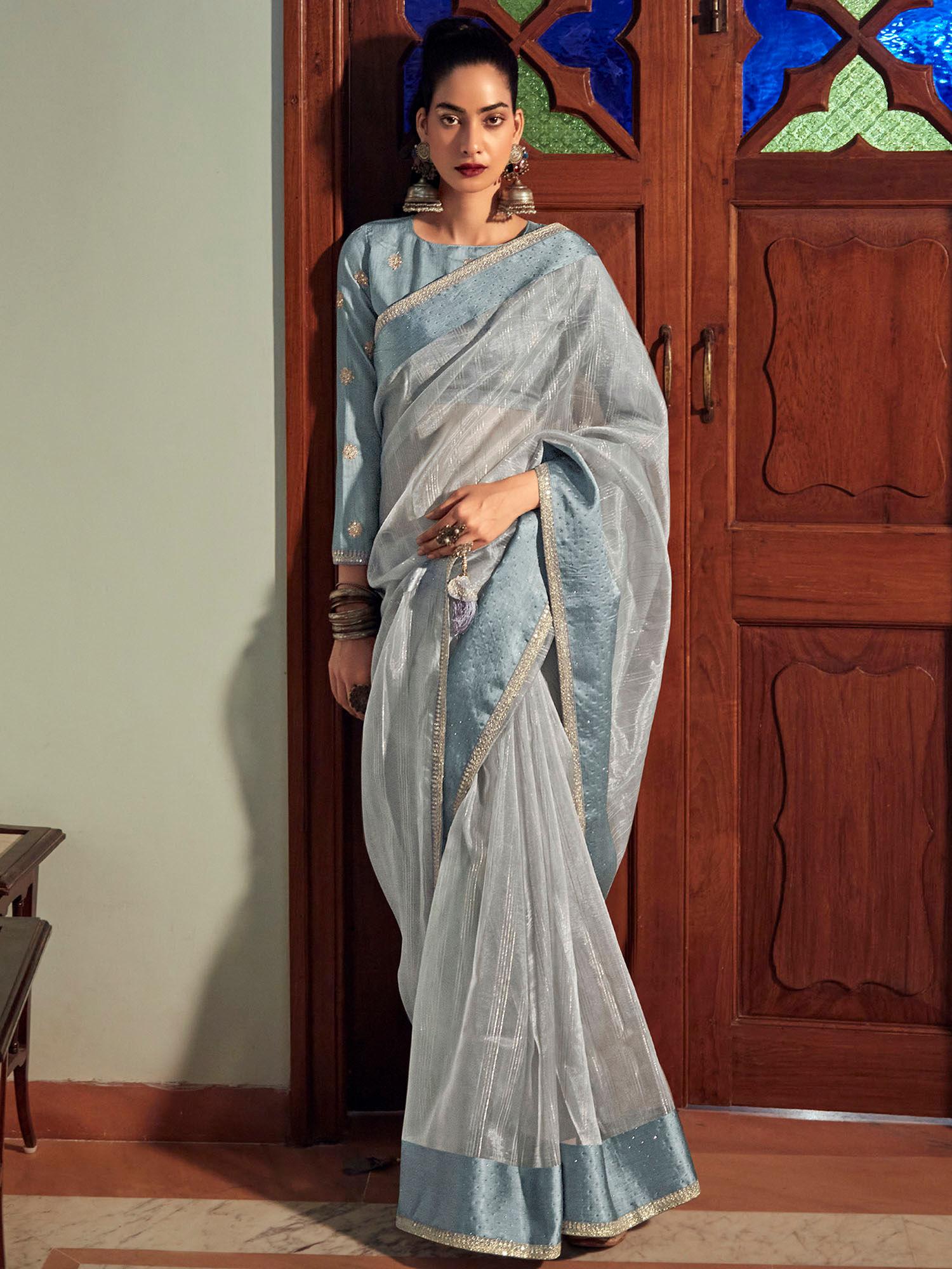 grey organza woven saree with unstitched blouse