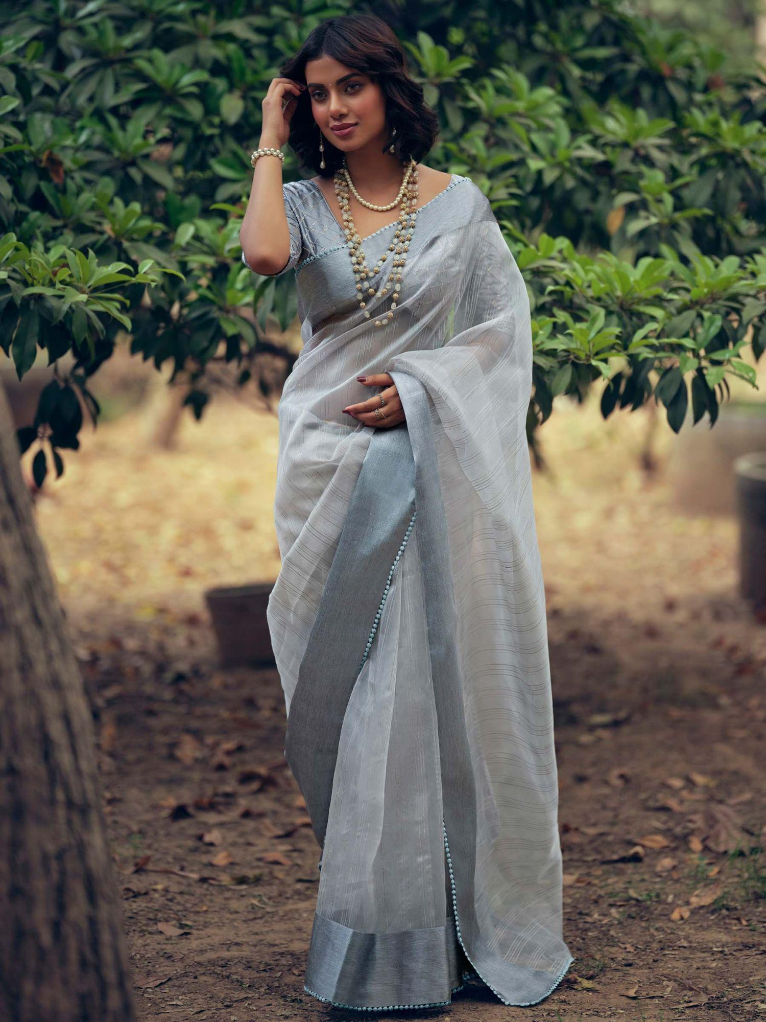 grey organza woven saree with unstitched blouse