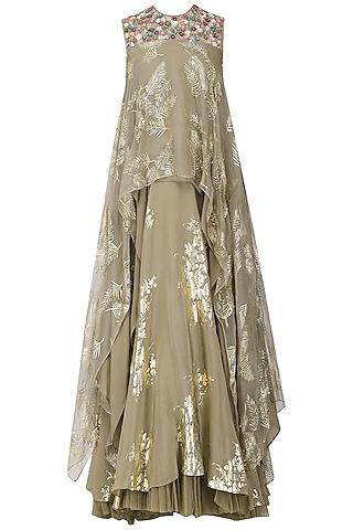 grey palm leaf foil print lehenga with asymmetrical embroidered tunic