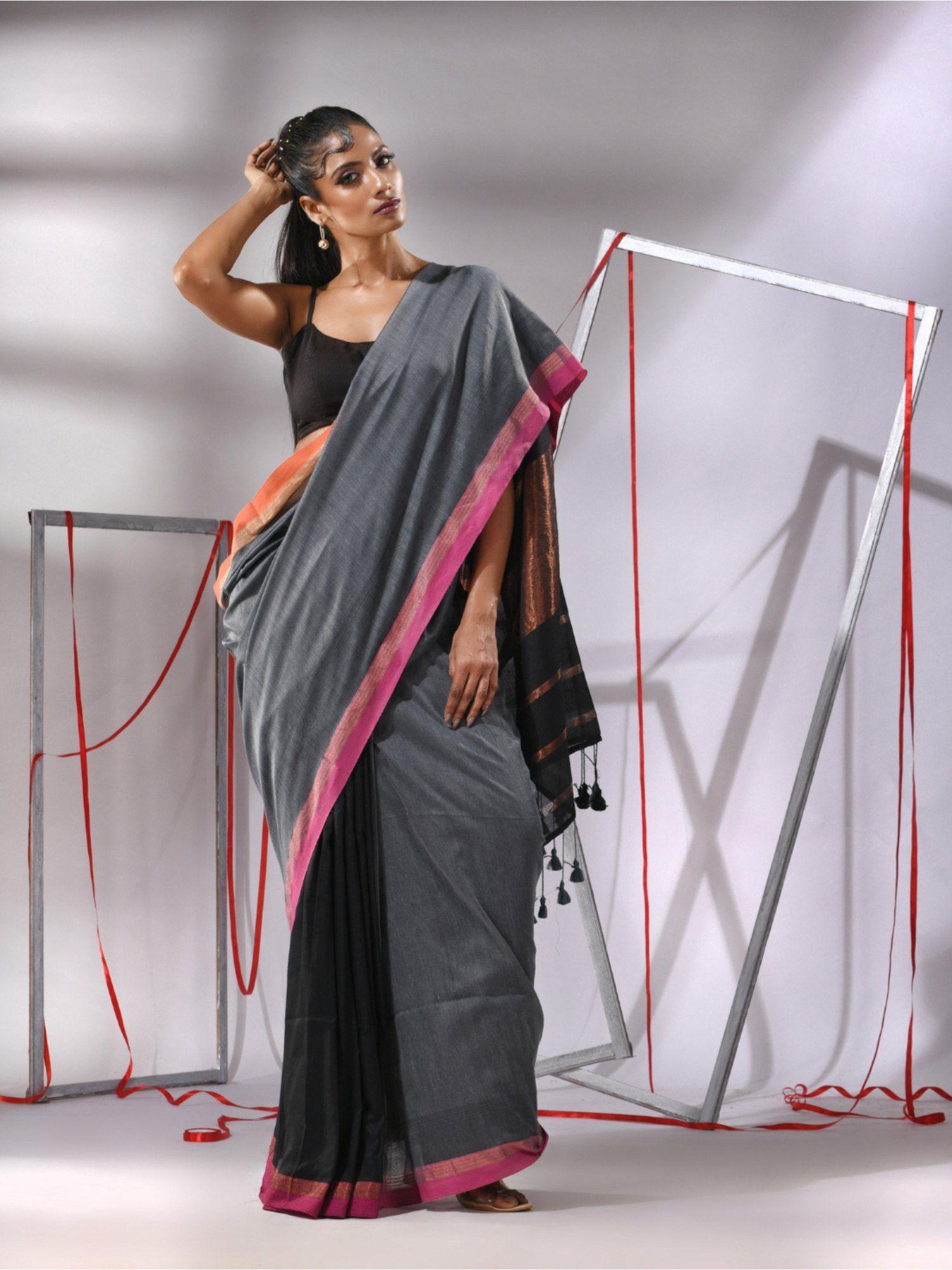 grey patli pallu cotton stripes zari borders saree with unstitched blouse