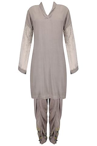 grey pearl embellished kurta and tulip pants set