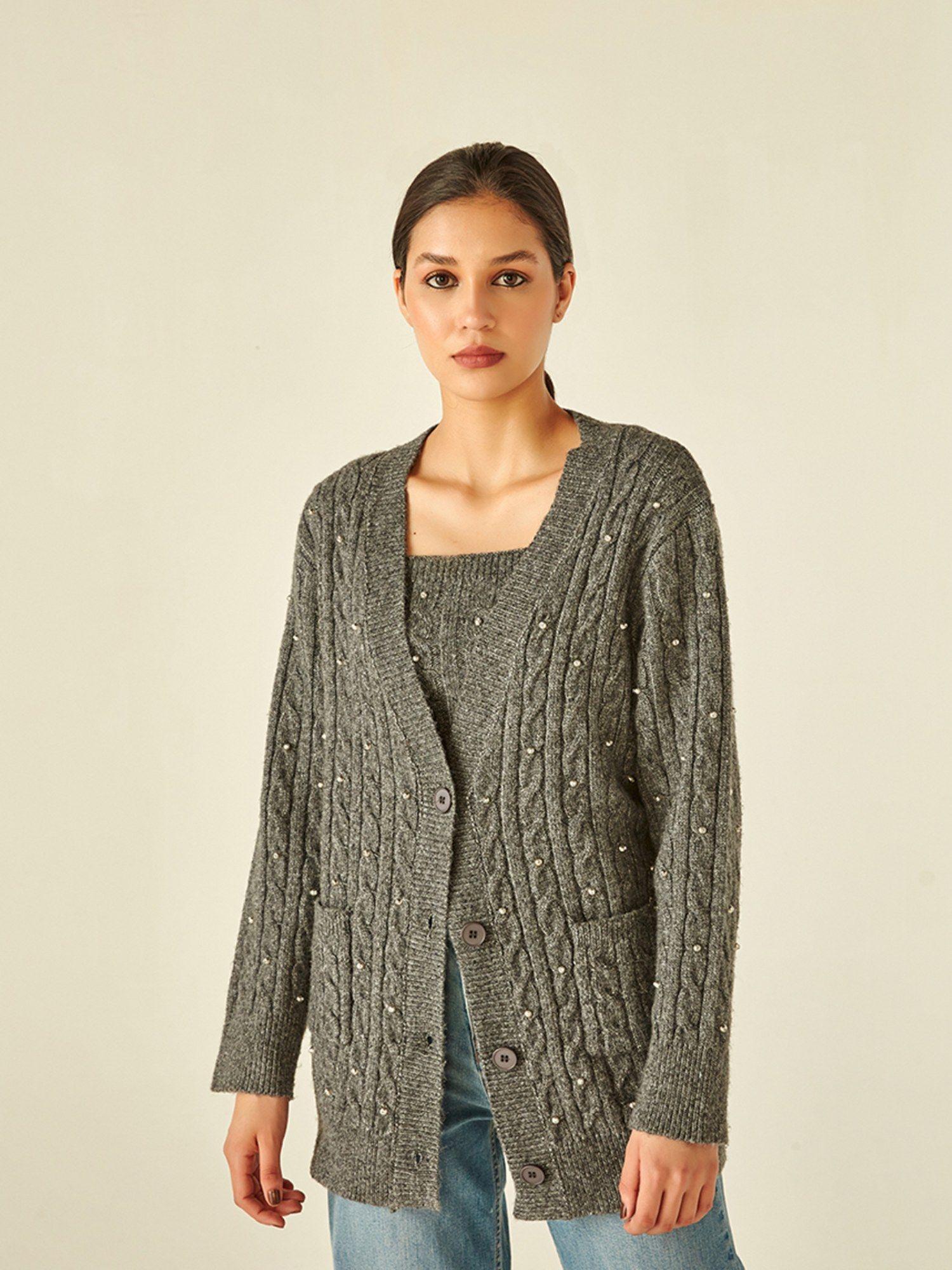 grey pearl long cardigan