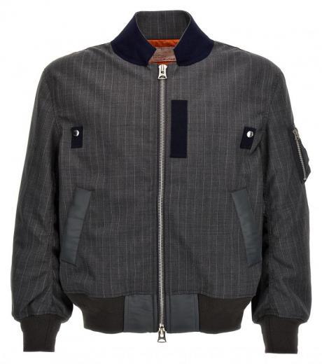 grey pinstriped bomber jacket
