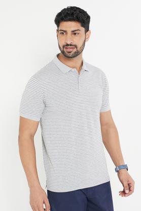 grey pique knit striped polo shirt - grey