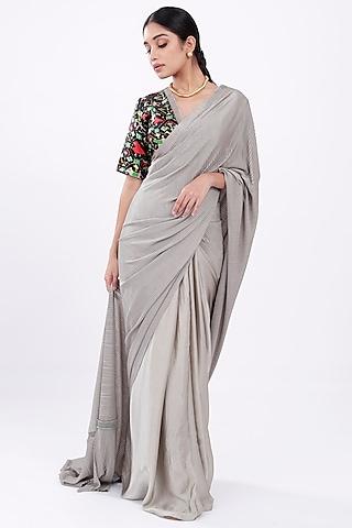 grey pleated fabric saree set