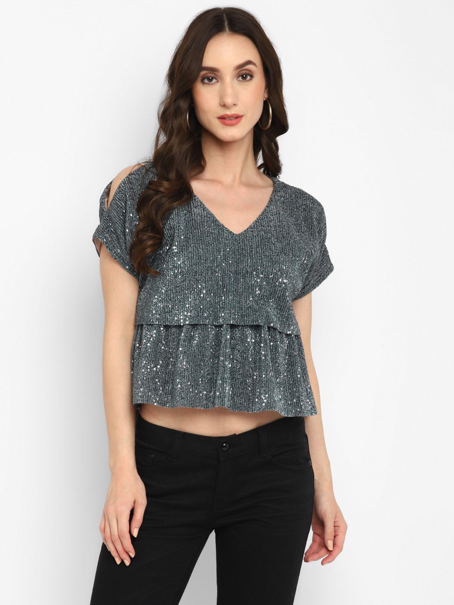 grey pleated sequin top for women