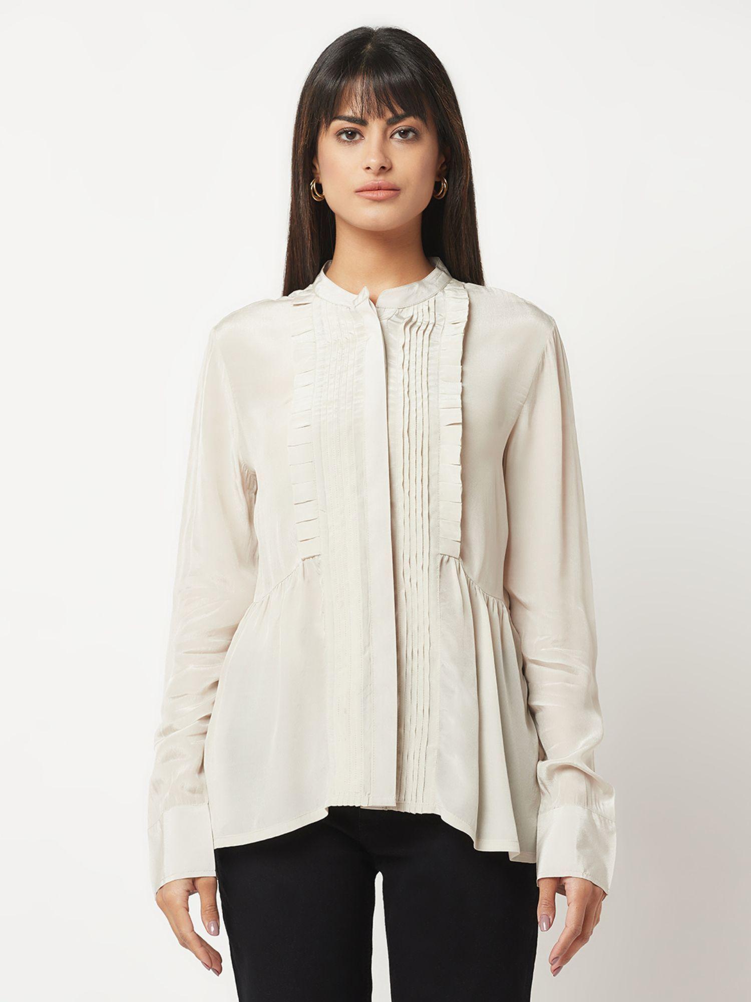 grey pleated silk shirt