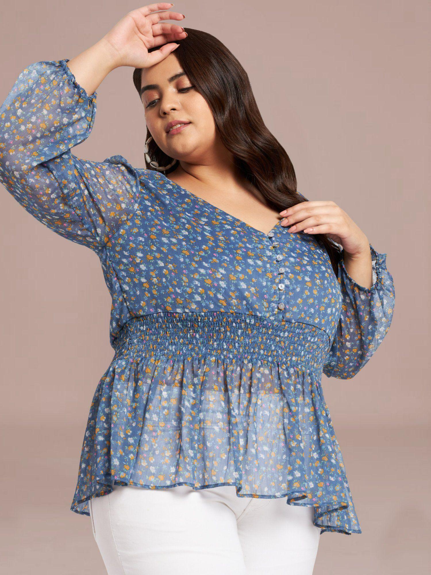 grey plus size floral buttoned smoked top