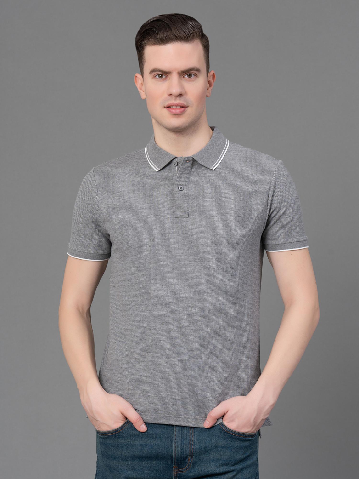 grey poly cotton elastane self design mens polo t-shirt