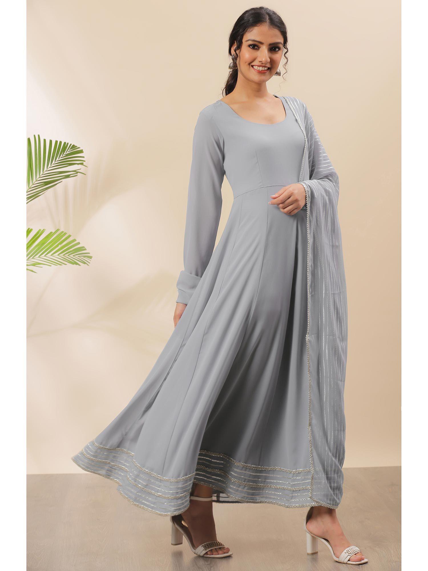 grey poly georgette solid kurta with dupatta (set of 2)