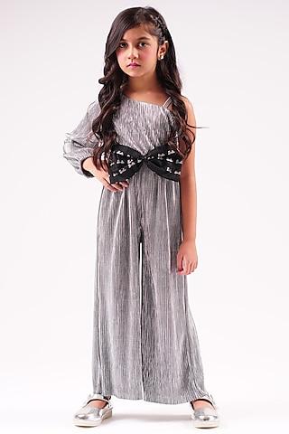 grey poly spandex sequins bow jumpsuit for girls