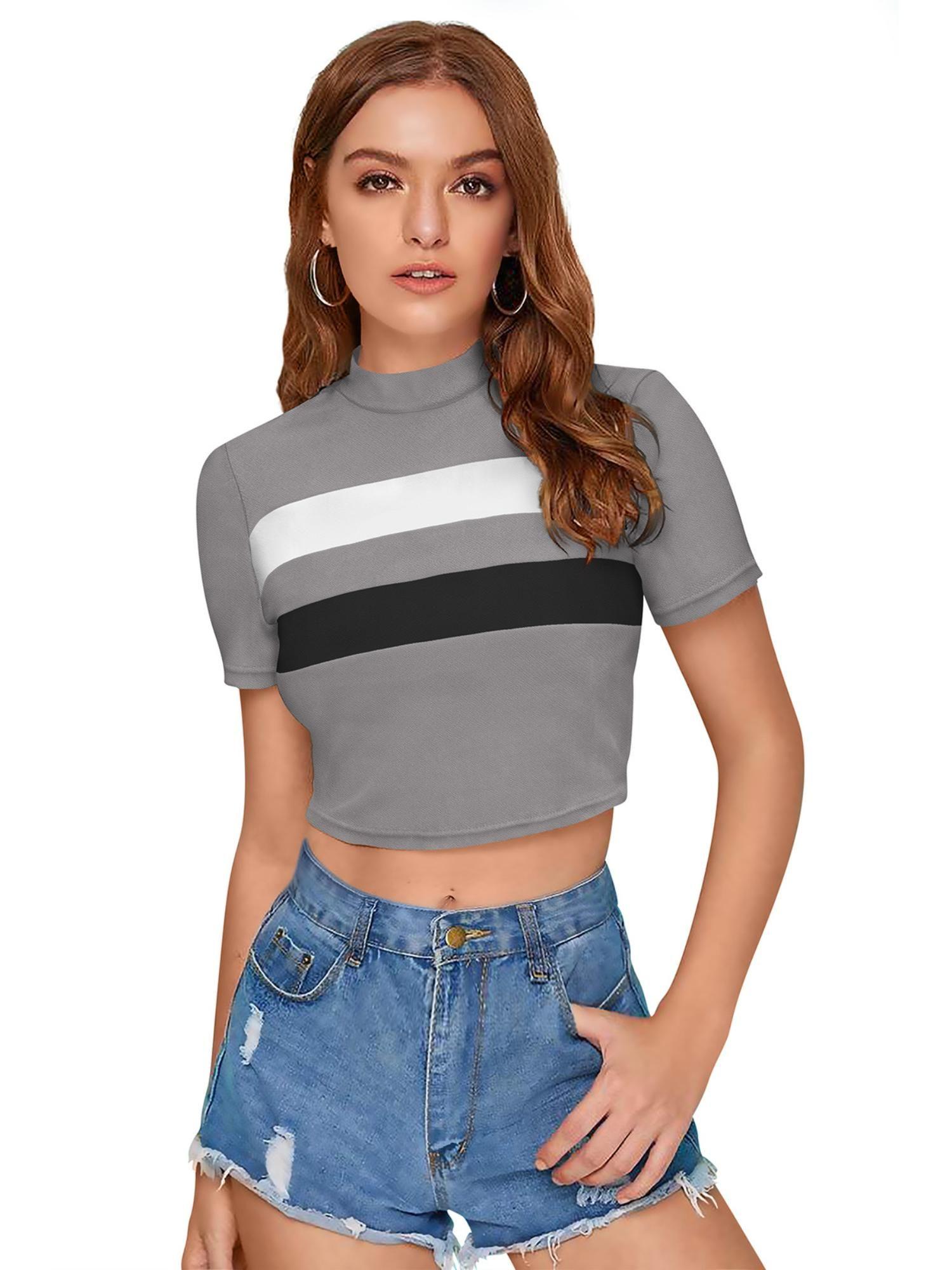 grey polyester color block crop top for women