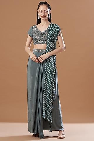 grey pre-draped printed skirt saree set