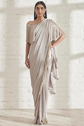 grey pre-pleated saree with grey off-shoulder fringe top