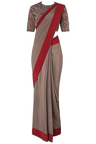 grey pre-stitched saree with floral embroidered blouse